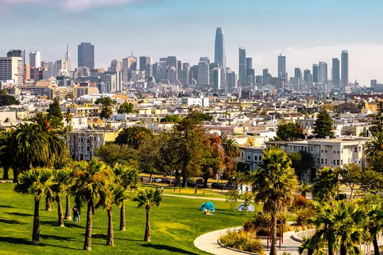 San Francisco skyline above a green city park